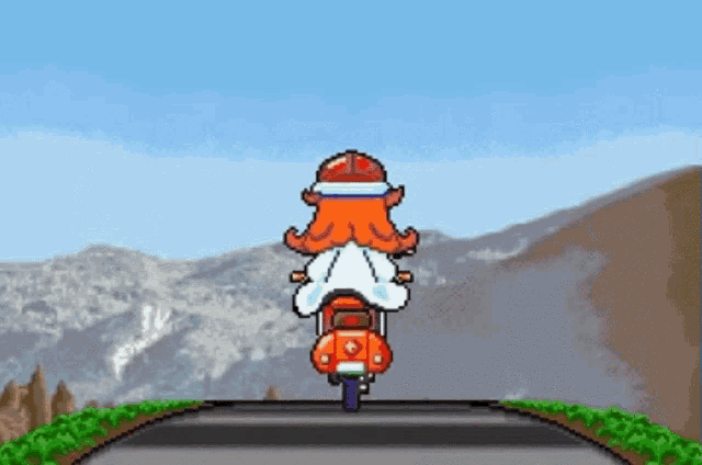 a cartoon character is riding a motorcycle down a road with mountains in the background