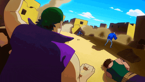a cartoon shows a man in a blue shirt standing in a desert
