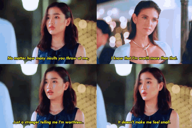 a collage of four pictures of a woman with the words " no matter how many insults you throw at me " and " i know that
