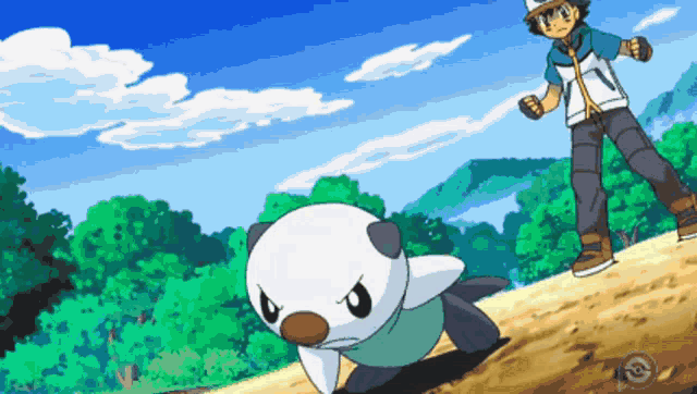 a cartoon of a man standing next to a small white animal