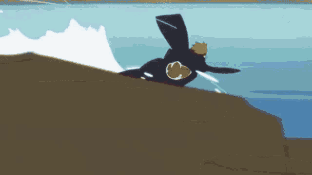 a cartoon character is riding a wave on top of a cliff .