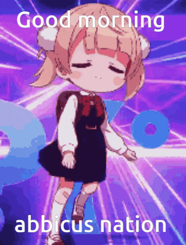 a girl in a school uniform is dancing with the words good morning abbicus nation below her