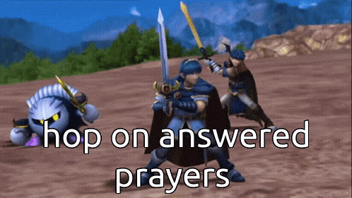 a video game scene with the words hop on answered prayers at the top