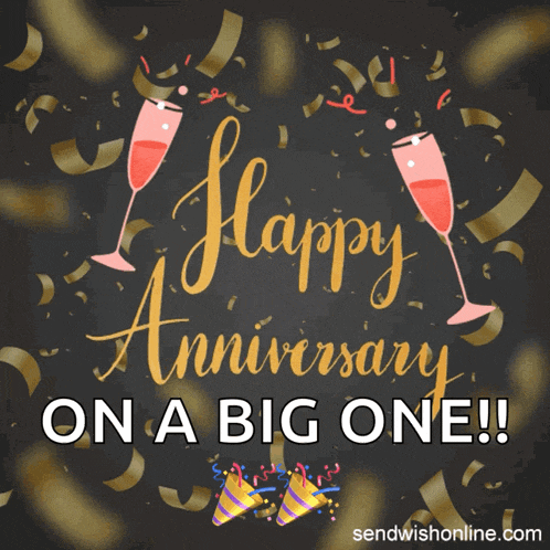 a happy anniversary on a big one poster with champagne glasses and confetti