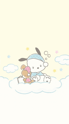 a cartoon drawing of a dog holding a teddy bear while sitting on a cloud