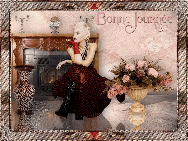 a woman in a red dress sits in front of a fireplace with the words bonne journee written above her