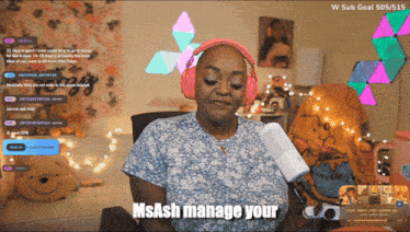 a woman wearing pink headphones is sitting in front of a microphone with the caption msash manage your