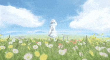 a person standing in a field of flowers with a white ribbon around their neck
