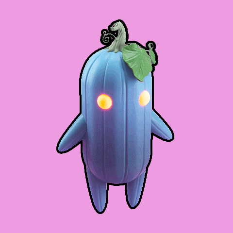 a blue cartoon character with glowing eyes and a leaf on top