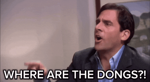 a man in a suit says " where are the dongs " while pointing