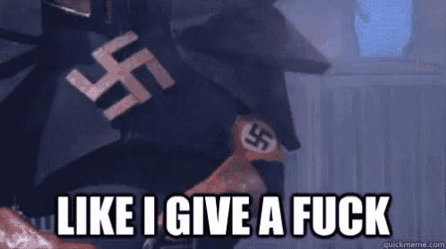 a person with a swastika on their back and the words like i give a fuck