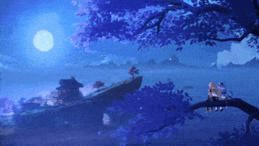 a couple sits on a branch overlooking a body of water