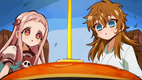 two anime characters are sitting next to each other and one has long hair