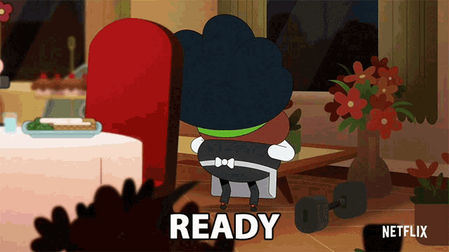 a cartoon character is sitting in a chair with the word ready written on the bottom