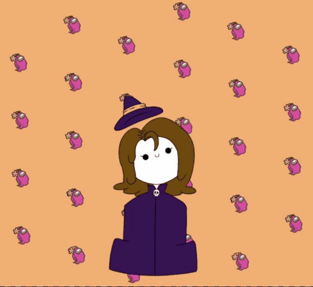a cartoon drawing of a witch with among us characters around her