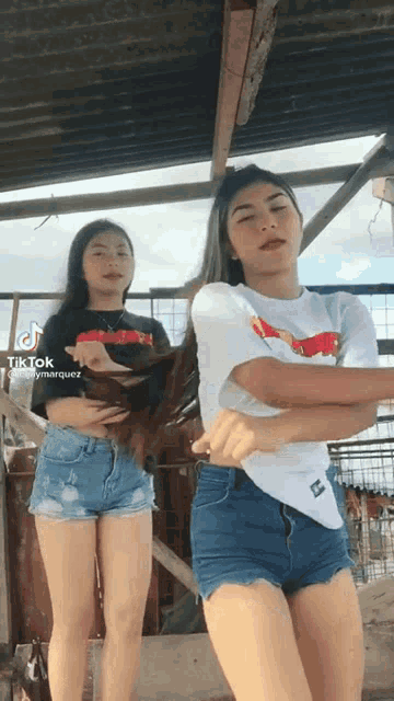 two girls are standing next to each other and one is holding a chicken .