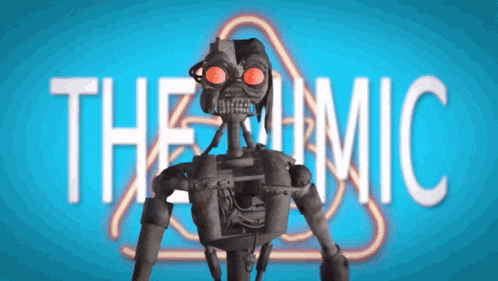 a robot with red eyes is standing in front of a sign that says the atomic