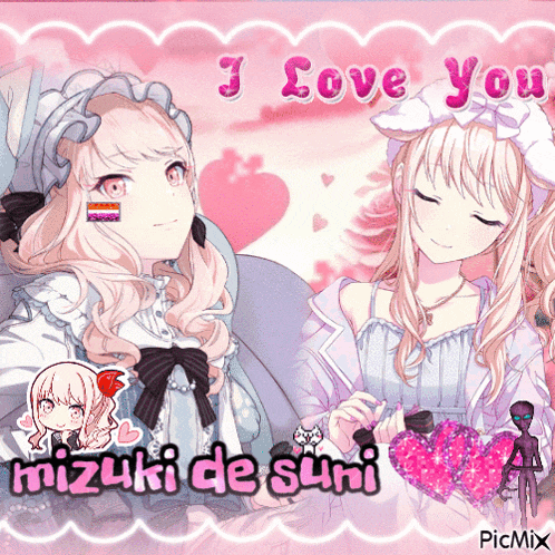 a picture of two anime girls with the words i love you mizuki de sumi