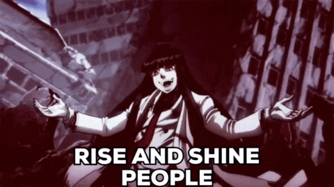 a cartoon character is standing in front of a building with the words rise and shine people below him