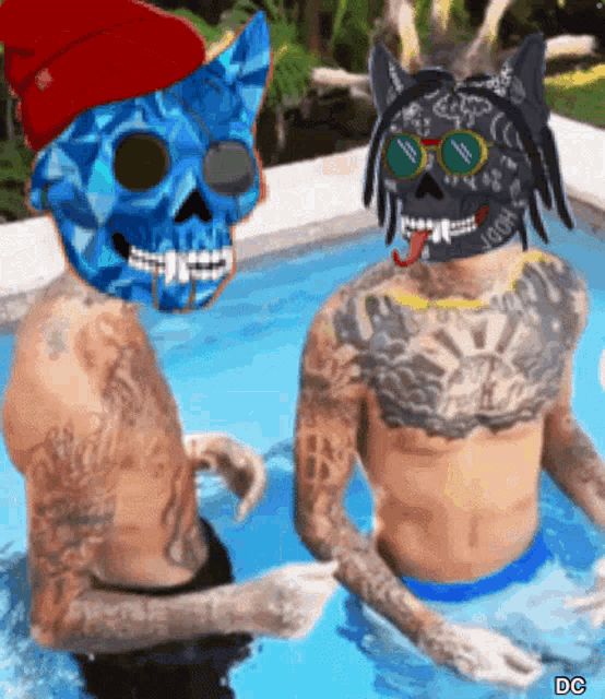 a drawing of two men in a pool with one wearing a blue skull mask