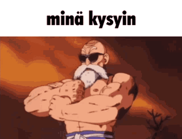 a man with a beard and sunglasses is flexing his muscles and the caption says minä kyyyin