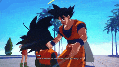 a screenshot of a video game with goku talking to a child