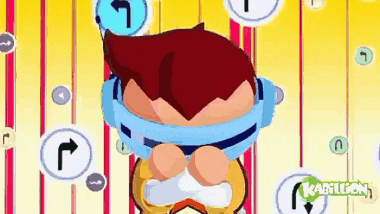 a cartoon character is wearing headphones and a headband with a arrow pointing to the right