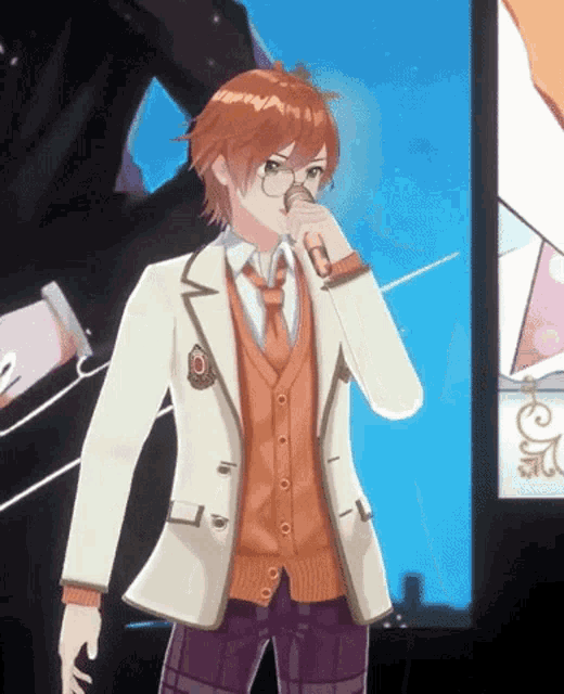 a cartoon character singing into a microphone wearing glasses and a white jacket