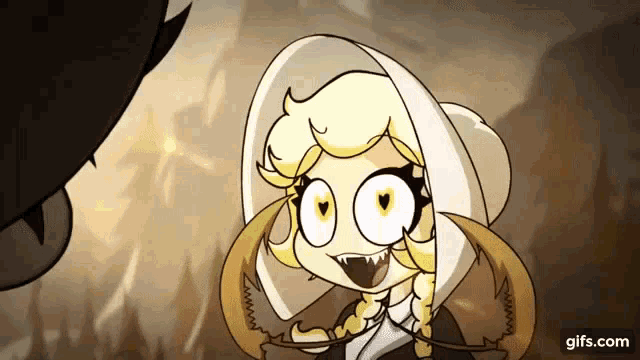 a cartoon character is wearing a white hat and braids and has a big smile on her face .