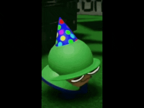 a cartoon character wearing a green hat and a party hat .