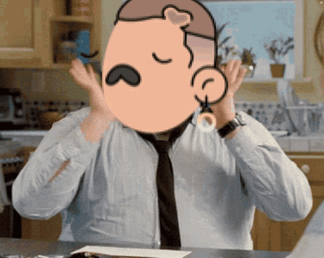 a man wearing a tie and a watch has a cartoon face on his face
