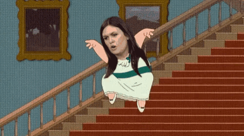 a cartoon of a woman falling down stairs .