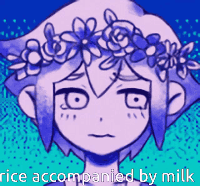 a drawing of a girl with a flower crown on her head and the words rice accompanied by milk