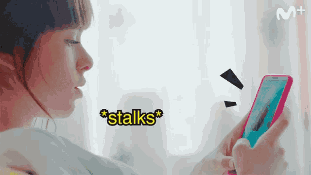 a woman is looking at her cell phone with the words * stalks * behind her