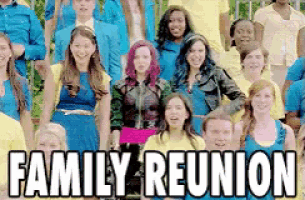 a group of people posing for a picture with the words family reunion written above them