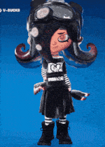 a cartoon character wearing a black and white outfit with a heart on it