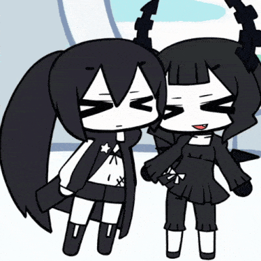 two black and white cartoon characters standing next to each other with their eyes closed