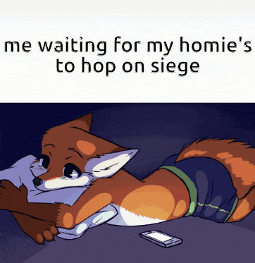 a cartoon of a fox hugging a pillow with the words " me waiting for my homie to hop on siege "