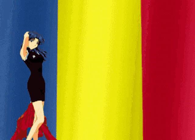 a woman in a black dress is standing in front of a yellow red and blue wall