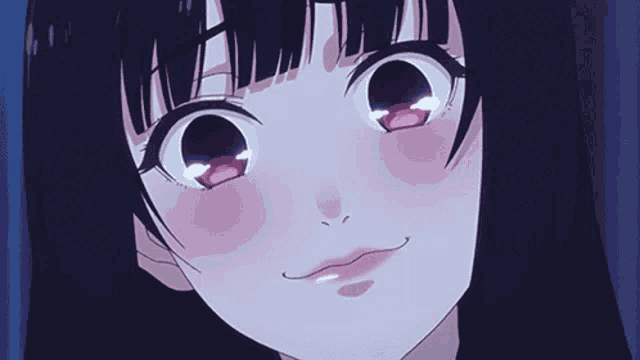 a close up of a anime girl with purple eyes