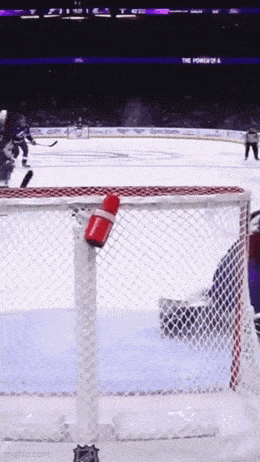 a hockey game is being played in a stadium with the power of a banner behind the net