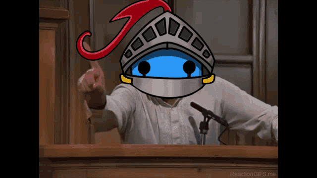 a cartoon of a man with a knight 's helmet on pointing