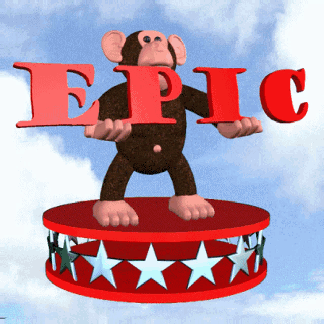a monkey holding up the word epic in red