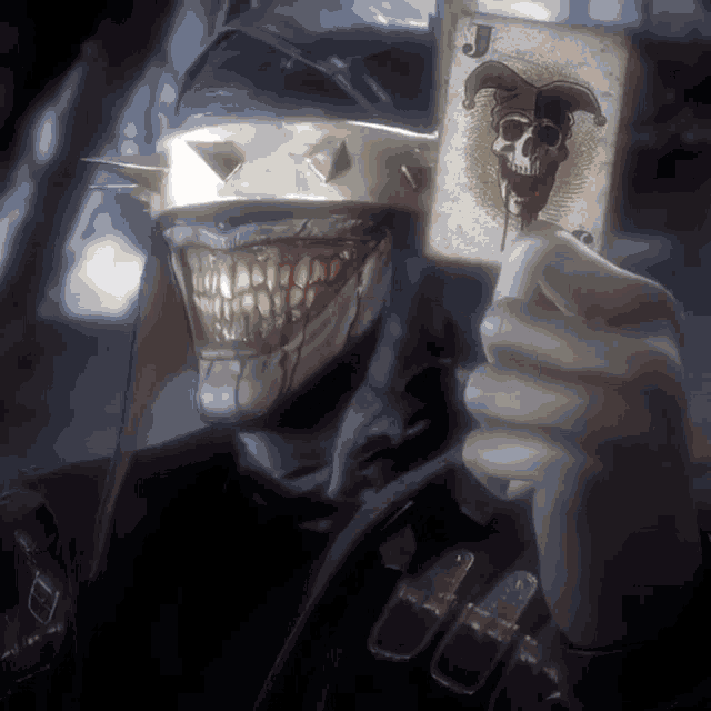 joker holding a card with a skull and jester on it