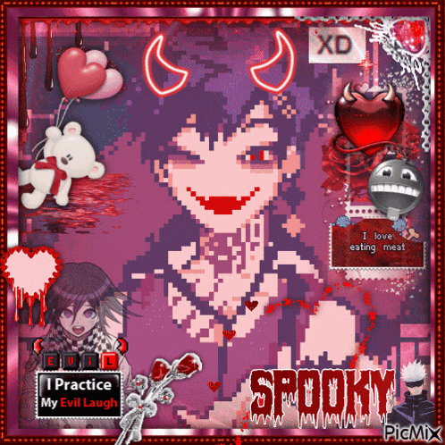a pixel art of a girl with horns and the words spooky