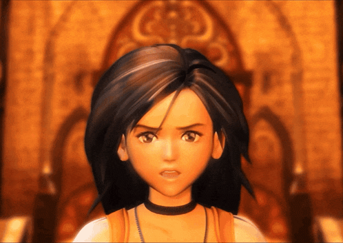 a close up of a video game character with a choker around her neck