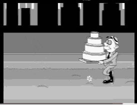a cartoon of a man carrying a three tiered cake