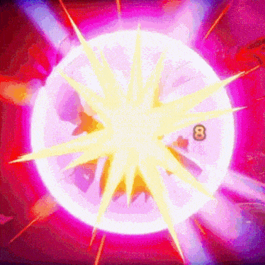 a purple and yellow explosion with the number 8 in the middle