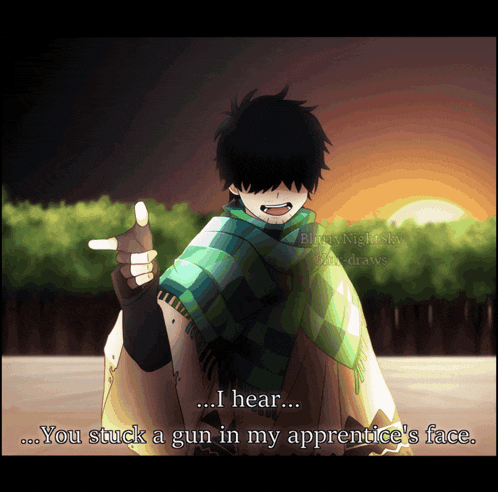 a drawing of a man with the words i hear you stuck a gun in my apprentice 's face below him