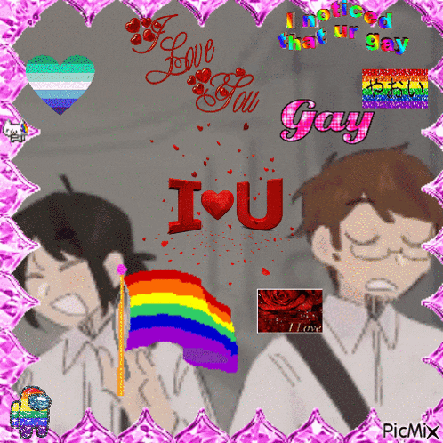 a picture of two people with a rainbow flag and the words " i love you "